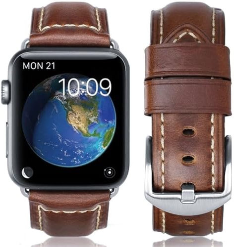 HUAFIY Leder Armband für Apple Watch Armband 38mm 40mm 41mm, Herren Damen Ersatz Original Lederband für iWatch Serie 10 9 8 7 6 5 4 3 2 1,Ultra,Ultra2 (Braun/Silber Schnalle, 38mm40mm41mm)
