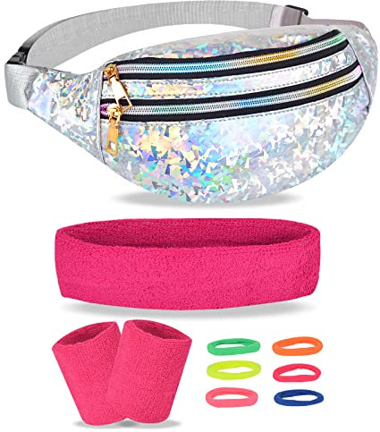 80,90er Jahre Gürteltasche Damen Bauchtasche Metallic 3 Fächer Schultertaschen mit Rosenrot Armbänder und Stirnband, Neon-Haargummi für 80er 90er Kostüm Fasching Karneval (Glänzendes Silber)