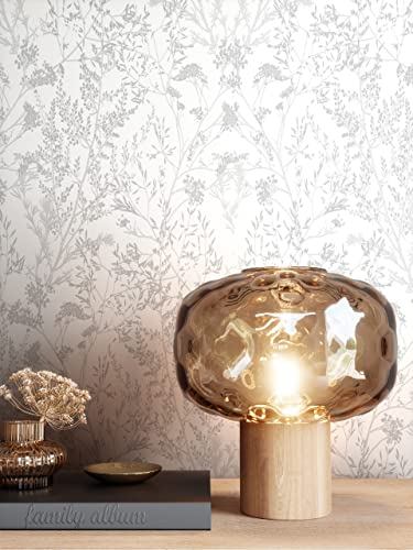 Newroom Design Tapete Grau Vliestapete Leicht Glänzend - Blumentapete Floral Weiß Blumen Blätter Romantisch inkl. Tapezier-Ratgeber, Rami Silber