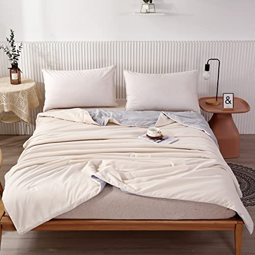 Qucover Edredón Cama 150, Edredón Verano en Algodón y Microfibra Fino 200x230cm, Cubierta Refrescante de ARC-Chill Ligero y Suave, Manta Cama 150 Cobija Reversible Beige y Gris