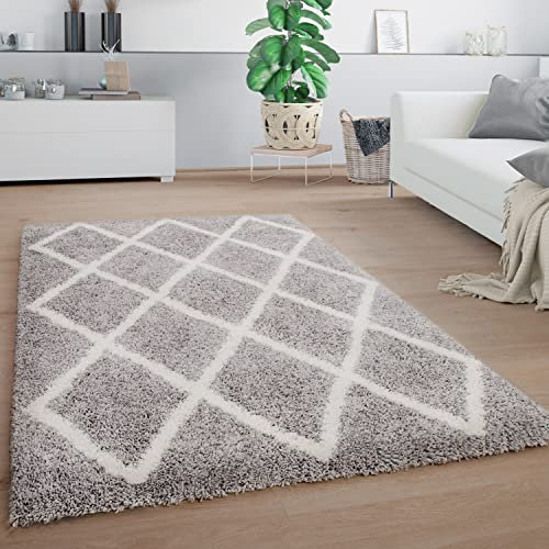 Paco Home Teppich Wohnzimmer, Schlafzimmer/Hochflor Shaggy in versch. Designs Farben und Größen, Grösse:80x150 cm, Farbe:Grau-Weiß