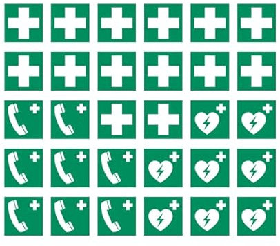 30 Aufkleber Mix: 14x Erste Hilfe 8x Notruftelefon 8x Defibrillator - ø 5 cm - UV- und witterungsbeständig - ISO 7010 - nachhaltig - Gebotszeichen Schild Ersthelfer Verbandskasten (5 cm, Mix)
