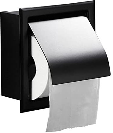 Kisbeibi Matte Black Toilet Paper Holder, Wall Mount Toilet Paper Roll Holder with Cover, Stainless Steel Recessed Toilet Paper Roll Holder Storage Box for Bathroom