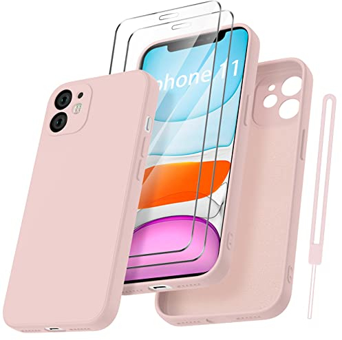 Qasyfanc HandyHülle für iPhone 11 Hülle Silikon case mit 2 Stück schutzfolie, Ultra Microfiber TPU Flüssig silikon mit Kameraschutz Kratzfeste Rundumschutz Schutzhülle 6.1''-Rosa