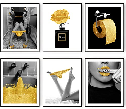 Modische Wandkunstdrucke Badezimmer Dekor Gold Glam Glitzer Tissue Leinwand Poster Bilder Fotos Kunstwerk Wand Schwarz und Weiß Moderne Frauen Lustiges 11x14 Zoll (27.9x35.6cm) Ungerahmt