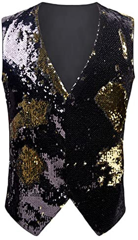 Männer Pailletten Anzug Weste Slim Fit V-Ausschnitt Glänzende Party Hochzeit Abschlussball Dinner Kleid Casual Revers Blazer Smoking Weste (Schwarz,5XL)