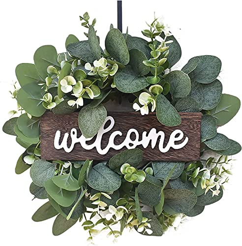 HAOSHICS Künstliche Eukalyptus Kranz Grün Türkranz Deko Wandkranz Girlande Kunstpflanze Hängen Kranz für Hochzeit Tür Party Fenster Garten Wand Kamin Dekoration 35cm