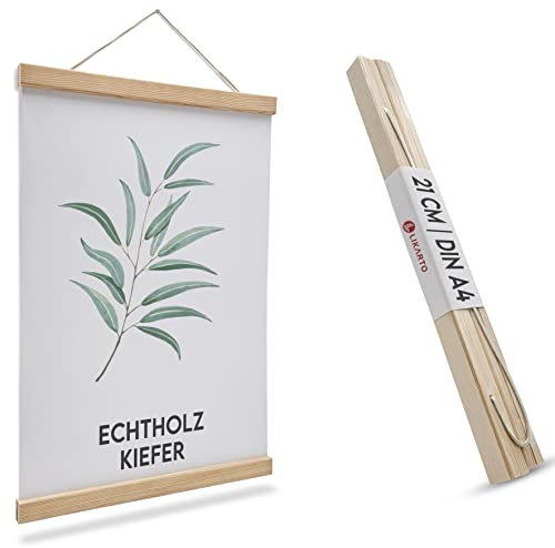 LIKARTO Premium-Posterleiste Holz Kiefer A4 | 21 cm - Hochwertige magnetische Bilderleiste aus Echtholz inklusive Lederband - Einfaches Bilder aufhängen