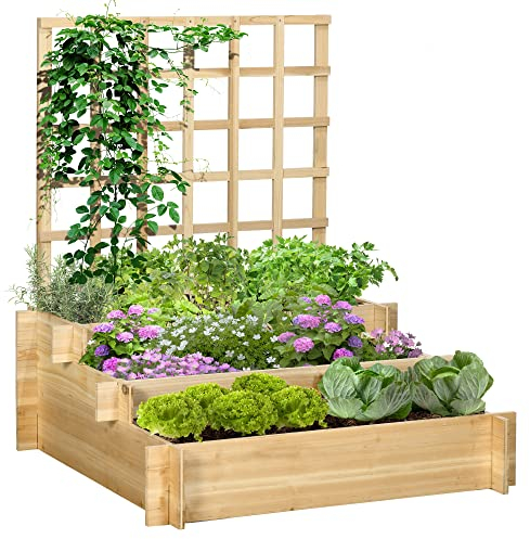 Outsunny Carré Potager jardinière à 3 étages avec Treillis lit surélevé en Bois sans Fond pour Plantes grimpantes, légumes, Fleurs - Bois Naturel