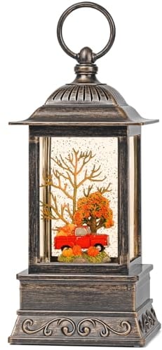 Fall Snow Globe Decorations, Glitter Red Truck Lantern with 6H Timer, USB/Battery Powered Lighted Décor for Home, Tabletop, Gift Box