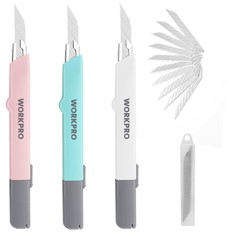 WORKPRO Taglierino Cutter, Taglierine Professionali a 3 Pezzi da 9 mm con Blocco di Sicurezza, Set a Tre Colori, per Aprire Scatole di Imballaggio, Taglierino Perfetto per Ufficio e Casa