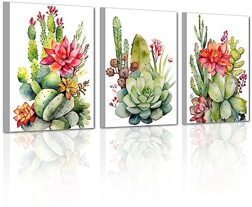 LZIMU Grünes Sukkulenten Kaktus Bild auf Leinwand 3 Stück Aquarell tropische Wüstenpflanze Bilder botanisches Boho Leinwandbild Wanddekoration(Rahmen (fertig zum Aufhängen) 40x60cmx3 Stück)