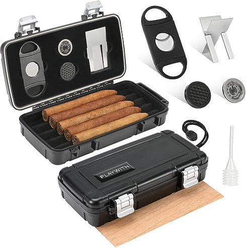 Travel Cigar Humidor Box Case with Cigar Accessories Cigar hygrometer &Spanish Cedar& Humidifier &Cigar Cutter &Cigar Stand Separate accessory storage space Can Hold 4-5 Count -Cigar The Best Gifts