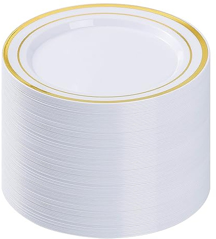 BESTVIP 100Pcs Gold Plastic Plates, 10.25 Inch Disposable Dinner Plates