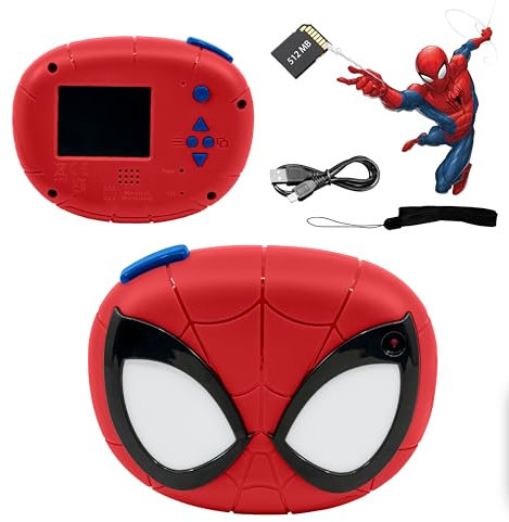 ekids Spiderman - Fotocamera per bambini con scheda SD, fotocamera digitale per bambini con videocamera, adesivi digitali integrati per i fan di Spiderman, regali per bambini