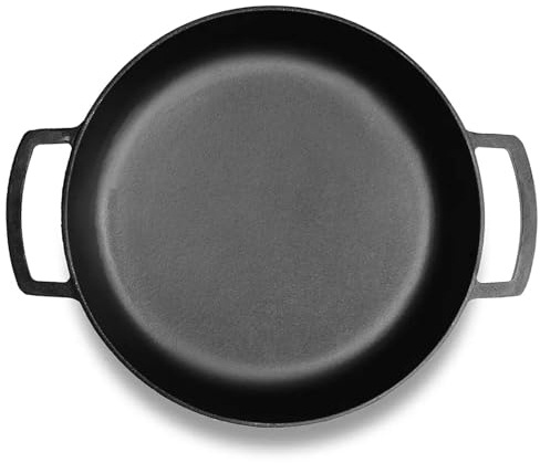 Poêle en fonte Ø 34 cm – Poêle à frire avec deux poignées – Faitout en fonte – Poêle de service, cocotte, sauteuse adaptée pour barbecue à gaz, four, foyer, tous feux dont induction
