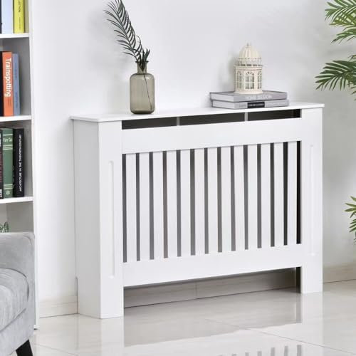 Small Radiator Cover White Painted Radiator Cabinet, Modern Vertical Slat Grill Heating Cabinet, Eco-Friendly MDF Freestanding Radiator Shelf for Living Room Bedroom Hallway, 19D x 78W x 82H CM