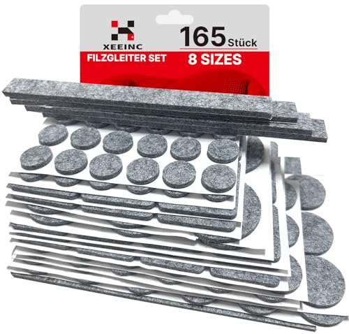 XEEINC set di 165 Feltrini Adesivi per Sedie Mobili, Feltrini per Sedie Rotondi Quadrati, 3mm di spessore, con 8 taglie, Antiscivolo, Feltrini per Mobili Pesanti - Grigio