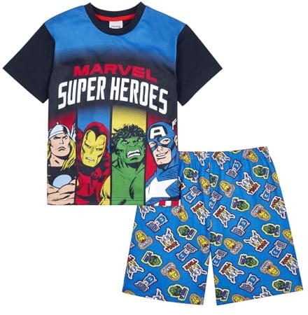 Marvel Superheroes Boys Pyjamas, Incredible Hulk Iron Man Thor and Captain America Short Pjs Set For Boys 8-9 Years Blue