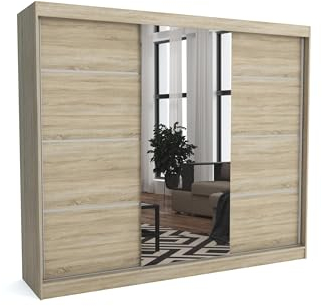 Brent - Kleiderschrank mit Spiegel Tom, 250cm Breit, Schlafzimmerschrank mit 1 Kleiderstange und Einlegeböden für Kleidung, Kleiderschrank Sonoma Eiche