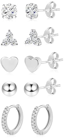 ALEXCRAFT Zirkonia Herz Ohrstecker Silber 925 Ohrringe Set Klein Damen Geschenk für Frauen Freundin Mama Mädchen 5 Paar