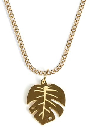 UNSHINEBAR Monstera Kette mit Anhänger für Herren und Damen - Streetwear Cuban Halskette mit Monstera Anhänger aus Edelstahl und 18K Gold - Wasserfeste Kette - 50-55cm Länge verstellbar (Gold)