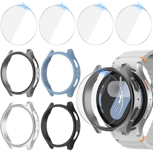 Jvchengxi 4+4Stück Schutzhülle 44mm für Samsung Galaxy Watch 7, Hart PC Bumper Schutz Hülle + Gehärtetes Glas Displayschutz Kratzfest Schutzfolie Galaxy Watch 7 (Schwarz+Silber+Saphir+WeltraumGrau)