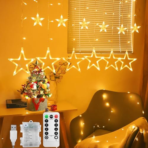 MEgegulo Christmas LED Stars Curtain Lights,3.5M Warm White Christmas Decorations, 12 Stars 138 Curtain Fairy String Lights,8 Flashing Modes,Holiday, Party, Ramadan (USB/Battery Powered)
