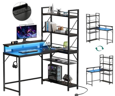 YITAHOME L Shaped Gaming Desk with Power Outlets & LED Lights Corner Desk with Shelves 106CM Reversible Computer Desk with Storage Shelves Gaming Desk with Hooks for Home Office Small Space (Black)