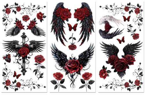 Peacoblue Décalcomanies à Ruban pour Meubles Artisanat Aile Gothique Noire avec Roses Rouges 15x30 cm, 3pcs Décalcomanies Waterproof UV DTF pour Commode, Coffres à Lingerie, Tiroirs, Verre