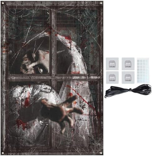 Hoclauho Halloween Fensterdeko, Gruselige Fensterbilder für die Haustür, Horror Dekoration für Garten und Halloween-Feiern Spukhaus Deko Fensterdeko (H, 80 * 120)