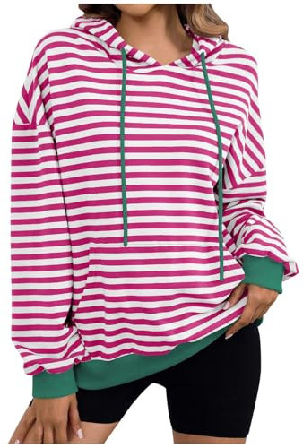 Sweat à capuche rayé pour femme - Pull surdimensionné à capuche - Col rond - Rayé bleu et blanc - Manches longues - Automne - Sans capuche - Grandes tailles - Chemise pour femme - Noir, A00hot rose, L