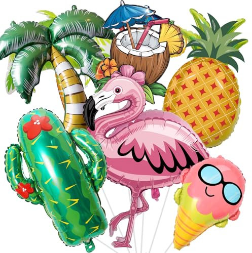 Hawaii Party Deko Ballons, Groß Luftballon Sommerparty Deko, 6 Stück Flamingo Ananas Kaktus Kokosnuss Baum Eiscreme Tropische Folienballons für Aloha Luau Geburtstagsdeko Pool Strandparty Dekoration