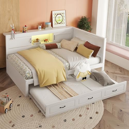 MQLAE Ausziehbar Schlafsofa 140x200 cm, Kinderbett Ausziehbett mit USB, Jugendbett Doppelbett mit Licht und Staufach, Massivholzbetten Gästebett Tagesbett mit Lattenrost, Weiß
