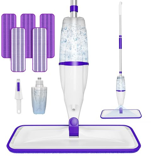 Floor Mops with 5 Microfibre Washable Pads : Spray Mop for Cleaning Floors | Refillable Bottle, 360° Swivel Head, Commercial Dust Mops Flat Wet Mop, for Hardwood Tile Wood Laminate Vinyl Marble