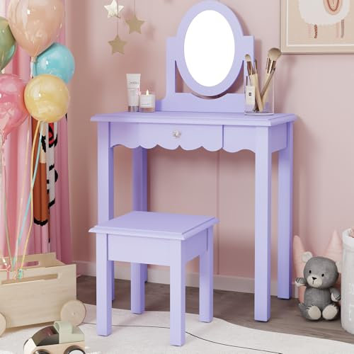 MROJISC Schminktisch Kinder Mädchen ab 6, Kinderschminktisch mit Abnehmbarem Spiegel Schminktisch Mädchen Set Schreibtisch mit Hocker, Lila