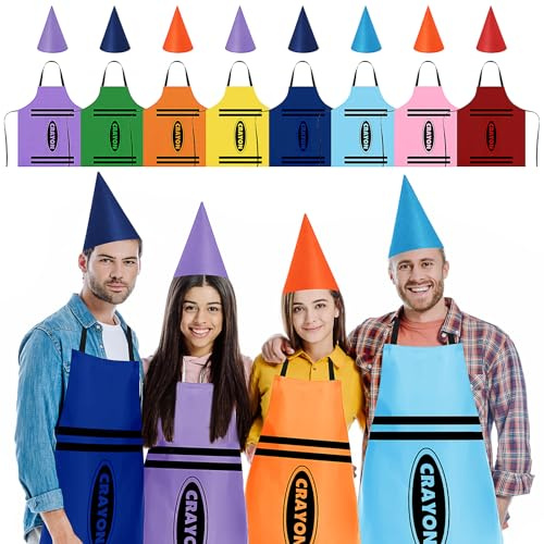 OGMBI 8 Set Color Crayon Apron and Funny Gnome Cone Hats for Adults, Fancy Crayon Costume Set Funny Outfit for Halloween Party, Cosplay, Carnival, Office Theme Events