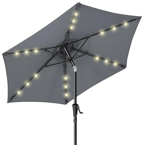 HOMSHADE Sombrilla Solar de 2.3m – Sombrilla para Exterior con Luces LED Solares, Protección UV UPF50+, Inclinación con Botón y Manivela, Ideal para Piscina y Jardín (gris, 2.3m)