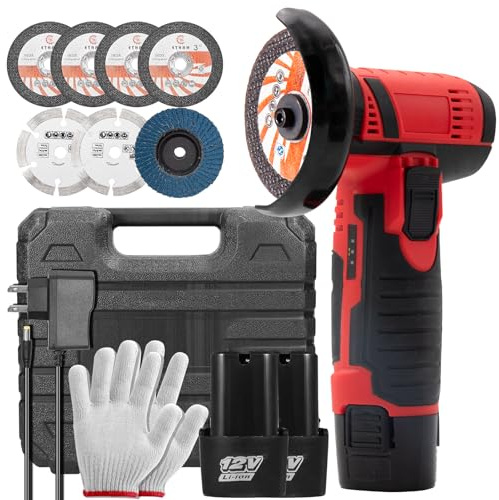 Mini amoladora angular inalámbrica, 12V Amoladora Bateria, 19500RPM, 2 Baterías, 7 Discos de Corte, 76mm Amoladora Pequeña Eléctrica Para Esmerilar, Pulir, Cortar