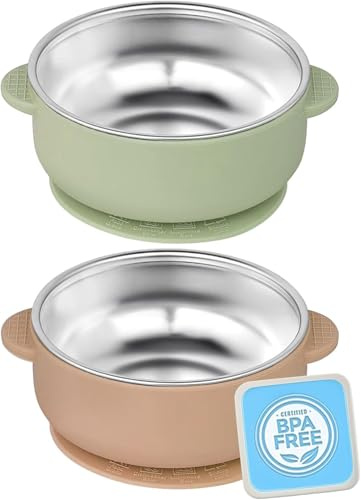 Freshmagis 2 Packung Edelstahl Baby Teller mit Saugnapf, 2-in-1 SUS304 & Silikon, abnehmbar, stark saugend, anti-Verbrühung, ungiftig, ideal für Müsli, Snacks.