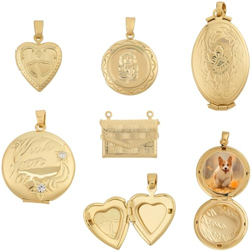 SUNNYCLUE 1 Box 5 Stile Echter 18 Karat Vergoldeter Medaillon Anhänger Bilderrahmen Anhänger Massen Messing Metall Erinnerungsbildhalter Herz Anhänger Runder Anhänger Für Schmuckherstellung DIY Halske