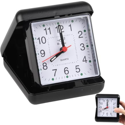 Travel Folding Alarm Clock Battery Operated – Compact Portable No-Ticking Quartz Travel Clock with Clear Arabic Numbers,Silent Small Alarm Clock for Bedside Desk Camping,Folding Design with Black Case