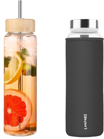 LOOFORE Borraccia Vetro 1 Litro con Cannuccia e 2 Coperchi, 1 Pezzo | Borraccia in Vetro Borosilicato, Coperchio in Bambù e Acciaio Inossidabile, senza BPA, Prova di Perdite per Campeggio