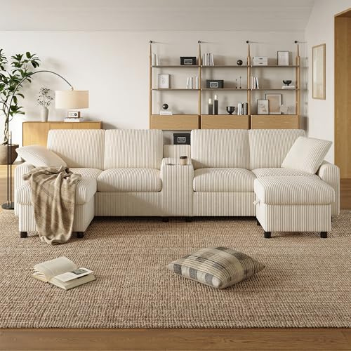 BTM U-Form Sofa Ecksofa aus Corduroy, 2 Fußhockern mit Staufunktion, Couchtisch, 2 Getränkehaltern, 1 USB-Anschluss, 2 Steckdosen, 2 Type-C-Anschlüssen; Couch 4 Sitzer, Beige, B315xH81xT135cm