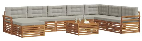 vidaXL Sofagarnituren 9 pcs Natürlich und Hellgrau Massivholz Akazie, Akazienholz Outdoor-Sofa-Set, modernes Gartenmöbel, Bequeme Liege, modulare Design, Poolbereich geeignet