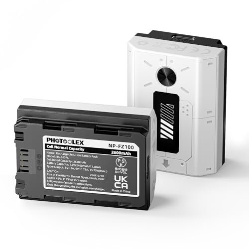PHOTOOLEX 2600mAh NP-FZ100 Replacement Battery, Rechargeable Camera Battery with USB C Fast Charging & Digital Display Compatible with Sony A1, A9, A9 II, A7 III, A7R V, A7S III, A7 IV, A6600, 2pcs