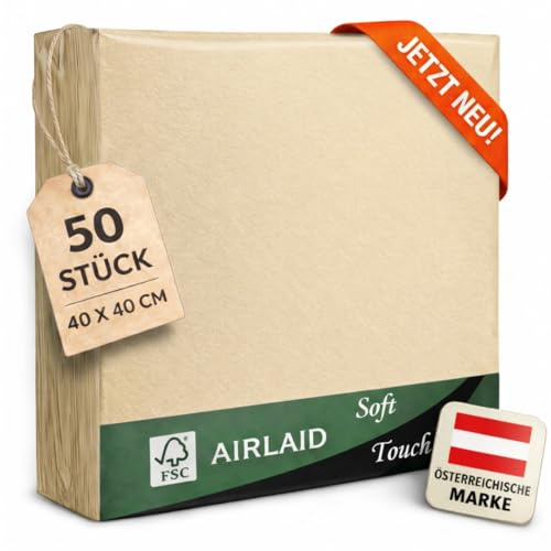 EV® Airlaid Servietten - 50 Stück, Creme (40 x 40 cm) - Stoffähnlich | Stilvolle Tischdeko - Einfarbig, Saugstark & Elegant - Ideal für Hochzeit, Geburtstage & Feste