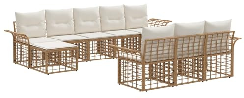 vidaXL Outdoor-Sofagarnitur 10 pcs Natürlich und Cremweiß Polyester, Verstellbare Fußpolster, modernes, wetterfestes Sofa-Set, Flexible Anordnung, Gartenmöbel, Lounger für die Terrasse