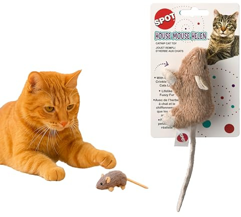 SPOT House Mouse Helen Cat Toy with Catnip – Lifelike Plush Mouse, Crinkle Sound, 4in Small Size for Kittens and Cats, Batting, Chasing, Playing – Assorted Colors