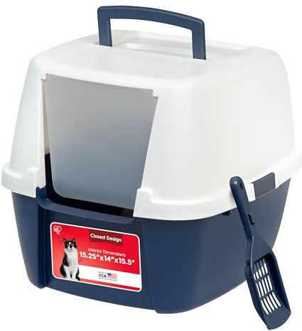 IRIS USA Jumbo Enclosed Cat Litter Box with Front Door Flap and Scoop, Hooded Kitty Litter Tray with Easy Access Lift Top Handle and Buckles for Portability and Privacy, Navy/White